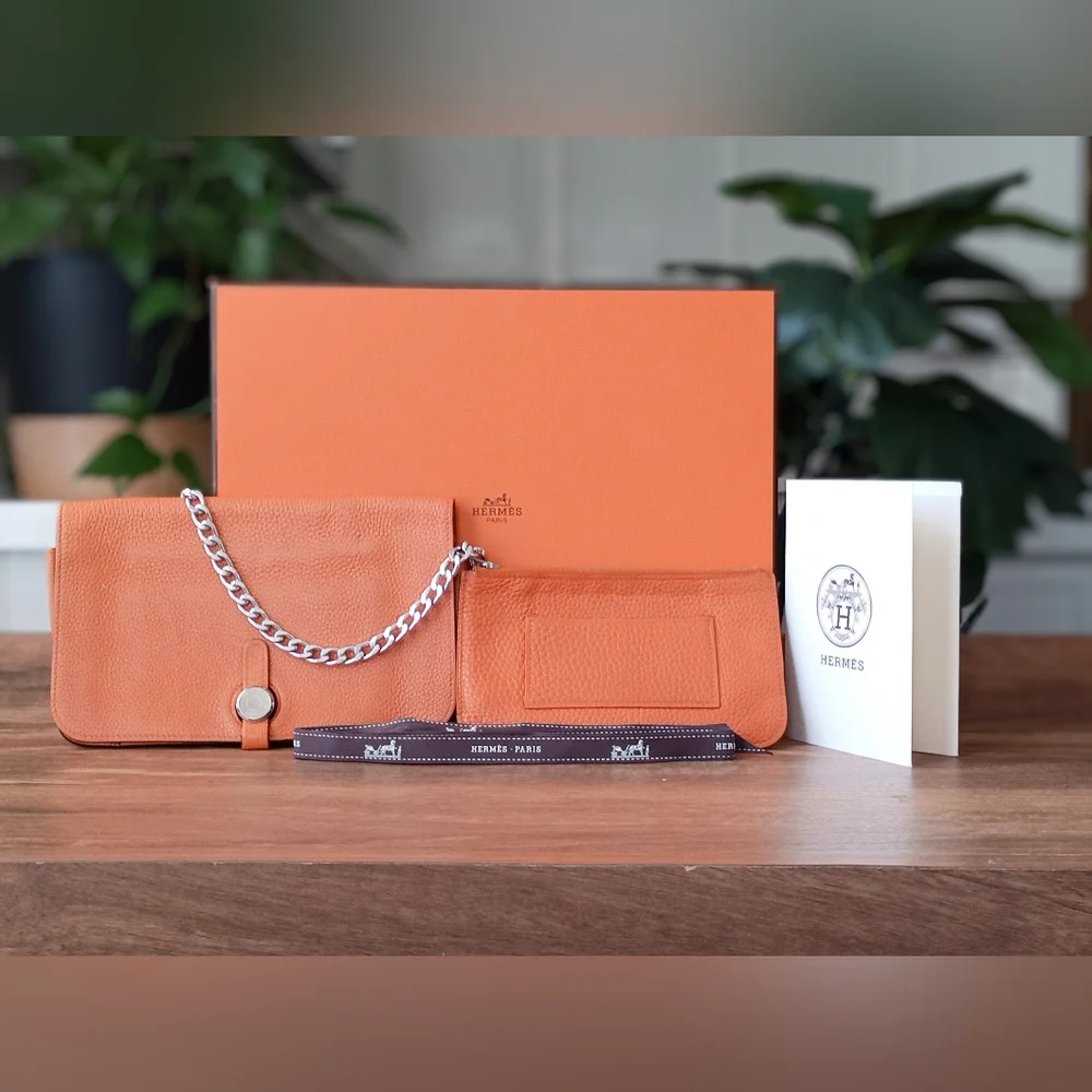 Authentic Hermes Dogon Style Orange Chevre Wallet on Chain and Separate …